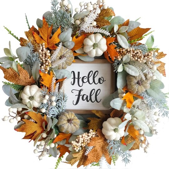 Greentek; 20-Inch Thanksgiving Fall Wreath for Front Door with Pumpkins, Eucalyptus, Berries, Lamb's Ear Leaves & Pinecones | Artificial Autumn Harvest Wreath for Indoor Outdoor Porch, Wall & Home Seasonal Decor; Category:Fall Wreaths; Image:1